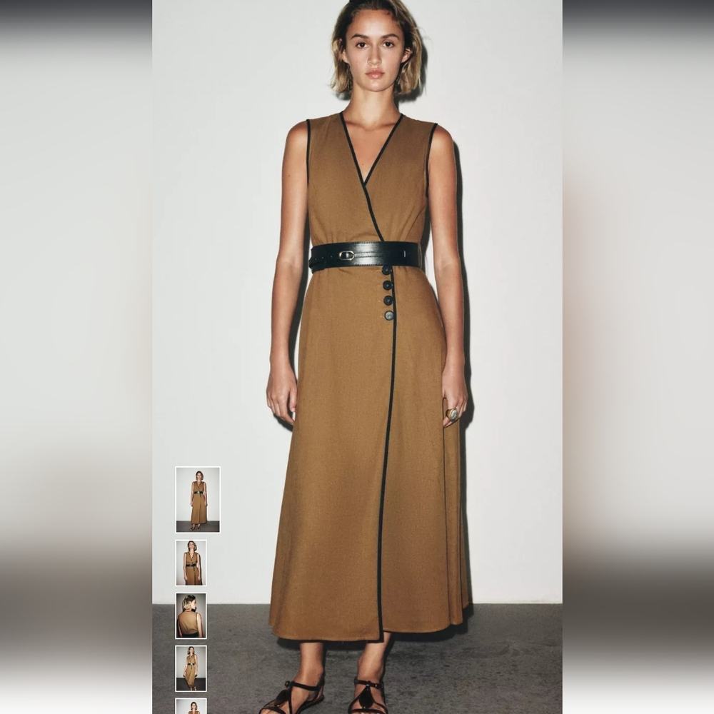 Zara Tan Midi Dress with Black Accents